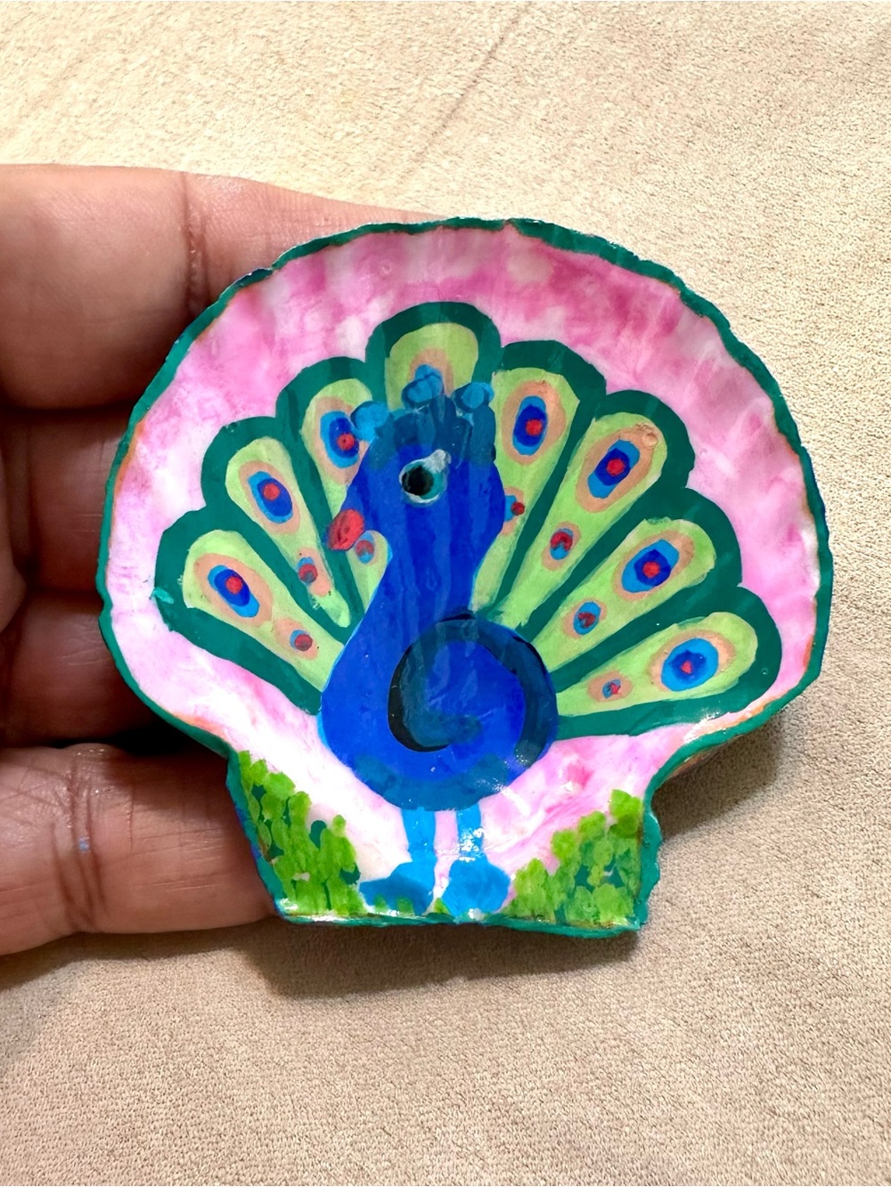 Hand Painted Peacock and Mermaid Scale Seashell Art Display with Stand